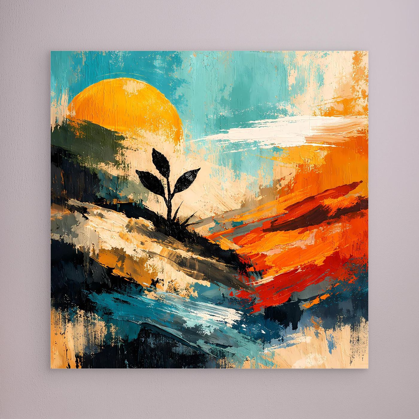 Abstraktes Wandbild ohne sichtbaren Rahmen: Pflanzenmotiv mit Sonnenkreis, türkis und orange
