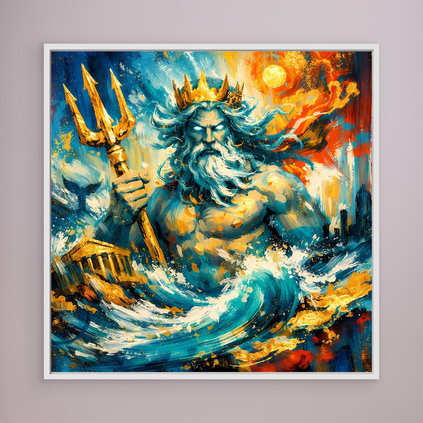 Leinwandbild mit abstrakter Poseidon-Meerfigur, leuchtende Blau-Orange-Töne, weißer Rahmen