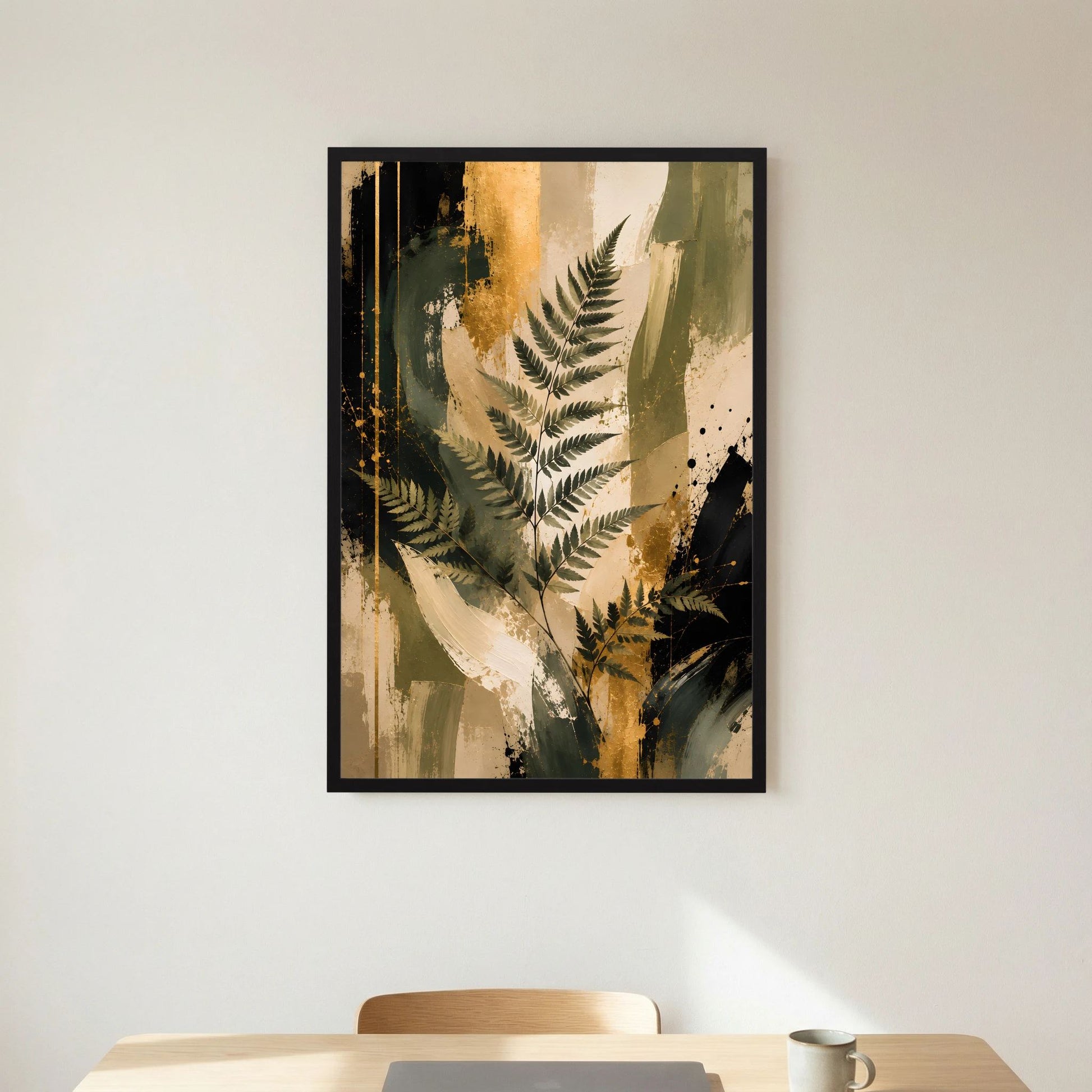 Abstraktes Farn-Kunstposter mit schwarzem Rahmen, Detailansicht grüner Farnblätter mit Goldakzenten