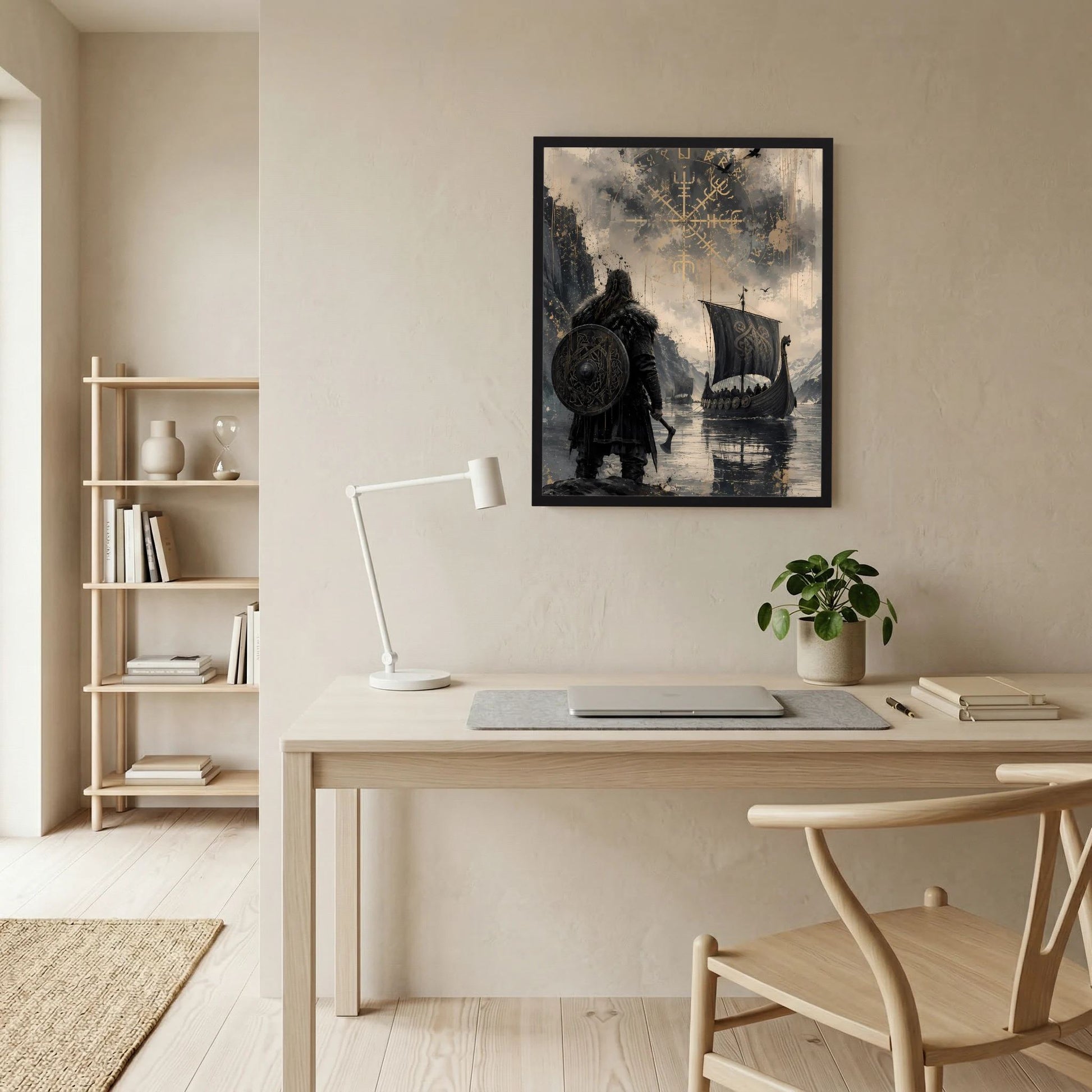 Hochformatiges Poster: Wikingerkrieger mit Schild und Langschiff auf ruhigem Wasser