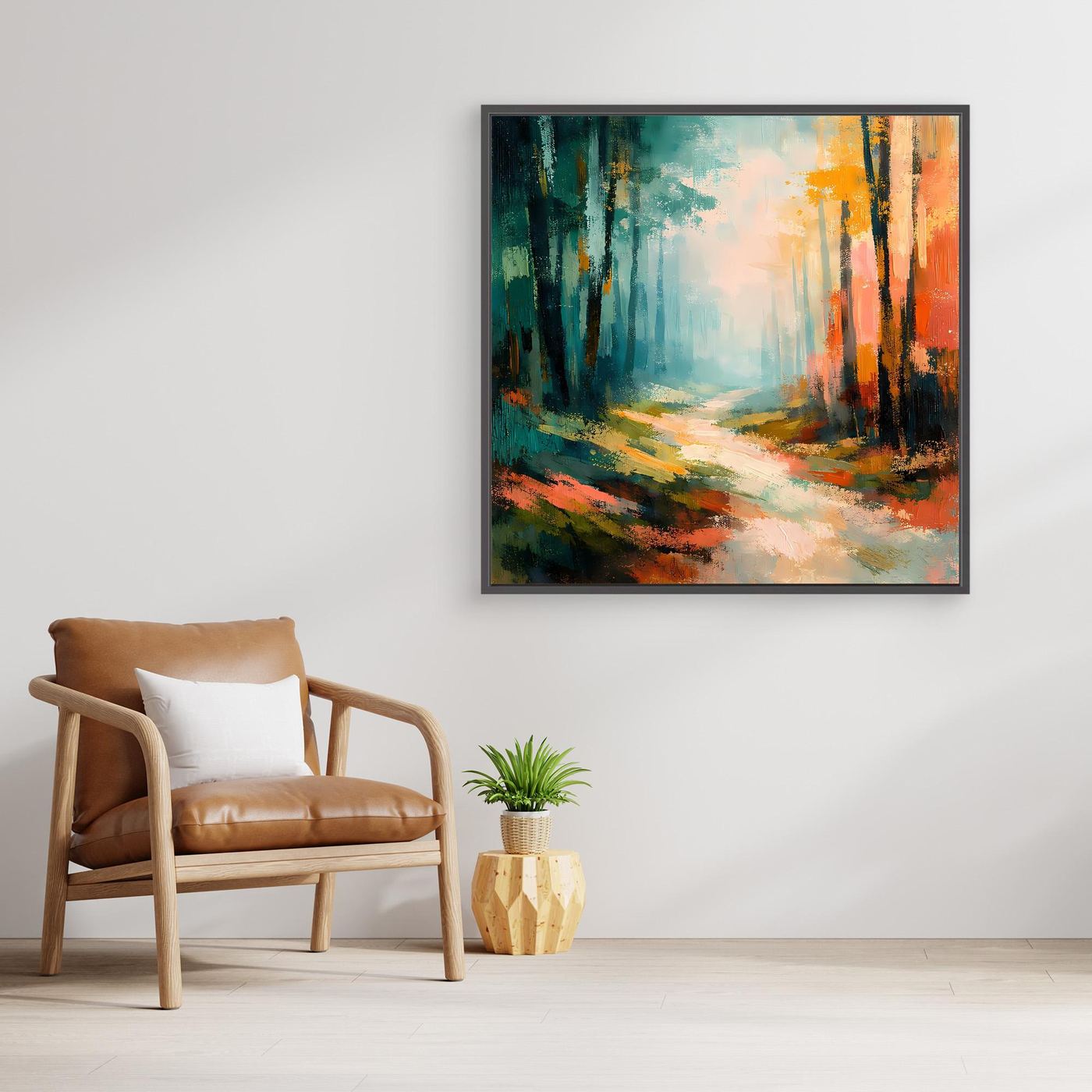 Leinwand-Wandbild mit abstraktem Waldweg im Herbst, mit dunklem Rahmen