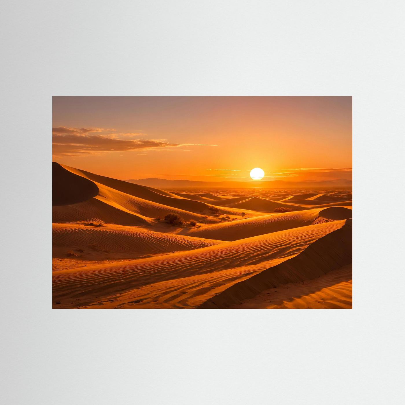 Querformatiges Wüstenpanorama-Poster ohne Rahmen mit Dünen und untergehender Sonne