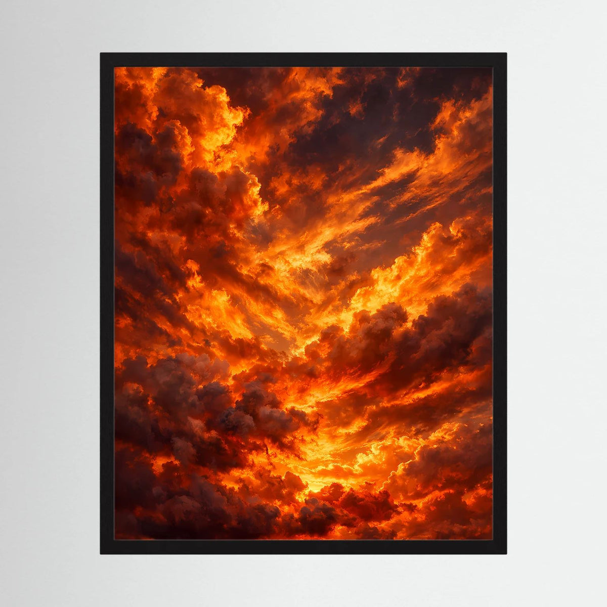 Wandposter mit dramatischen Wolken, orange und rot, im schwarzen Rahmen