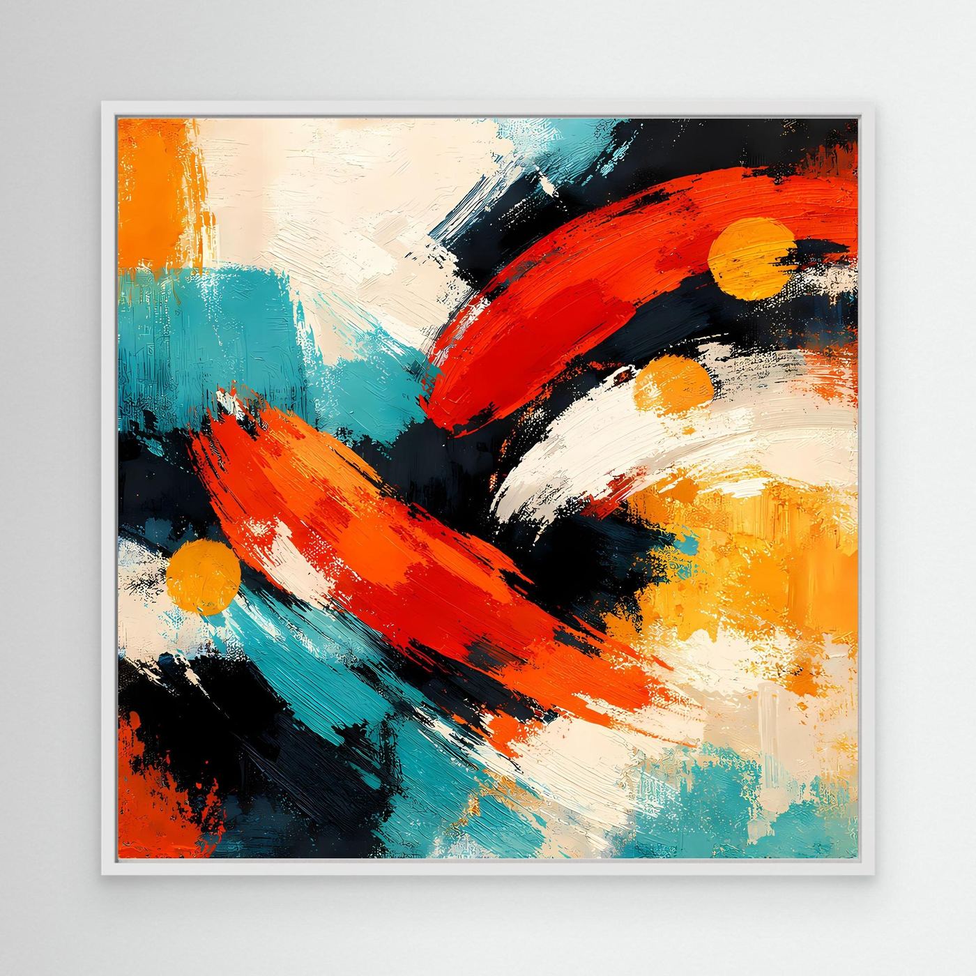 Abstraktes Leinwandbild ohne sichtbaren Rahmen mit orange-roten, türkisfarbenen und schwarzen Strichen
