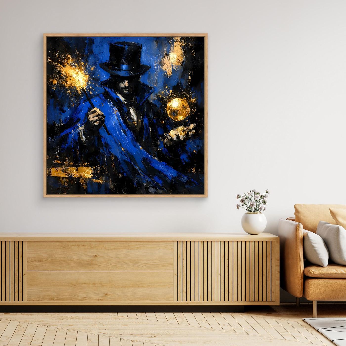 Leinwand Mystischer Magier in Blau und Gold | Abstraktes Fantasy Wandbild Moderne Kunst
