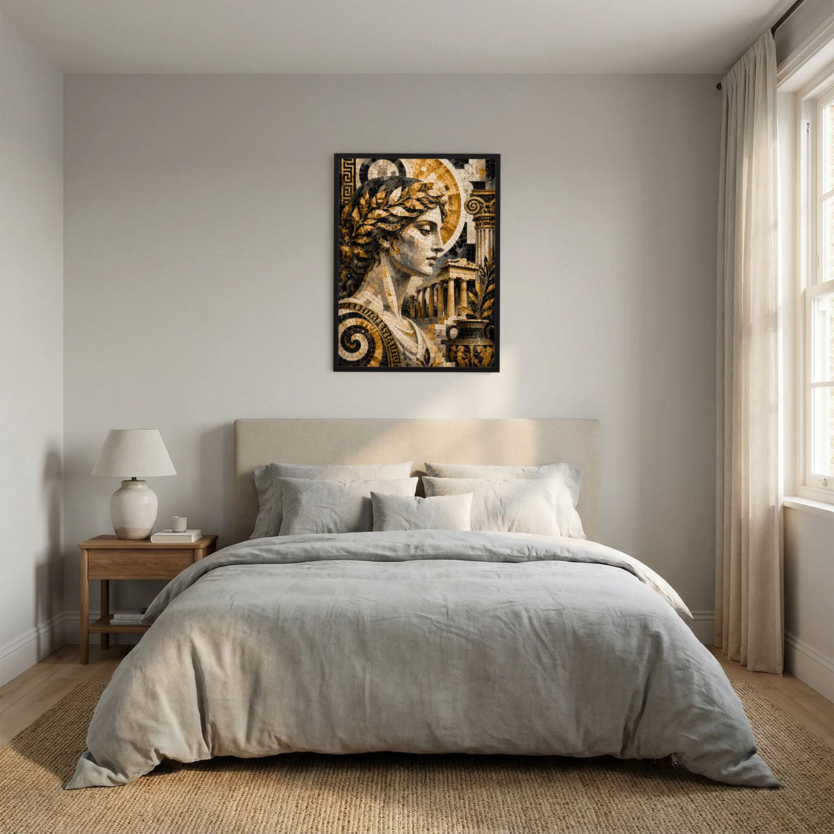 Quadratisches Poster mit antiker Mosaik-Göttin in Gold und Schwarz, schwarzer Rand