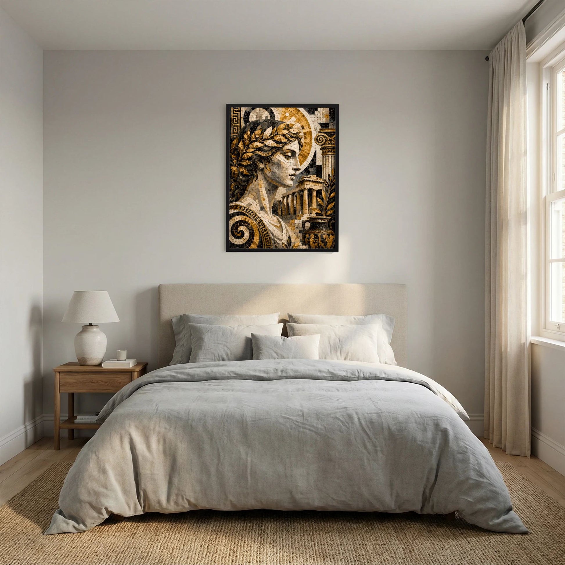 Quadratisches Poster mit antiker Mosaik-Göttin in Gold und Schwarz, schwarzer Rand