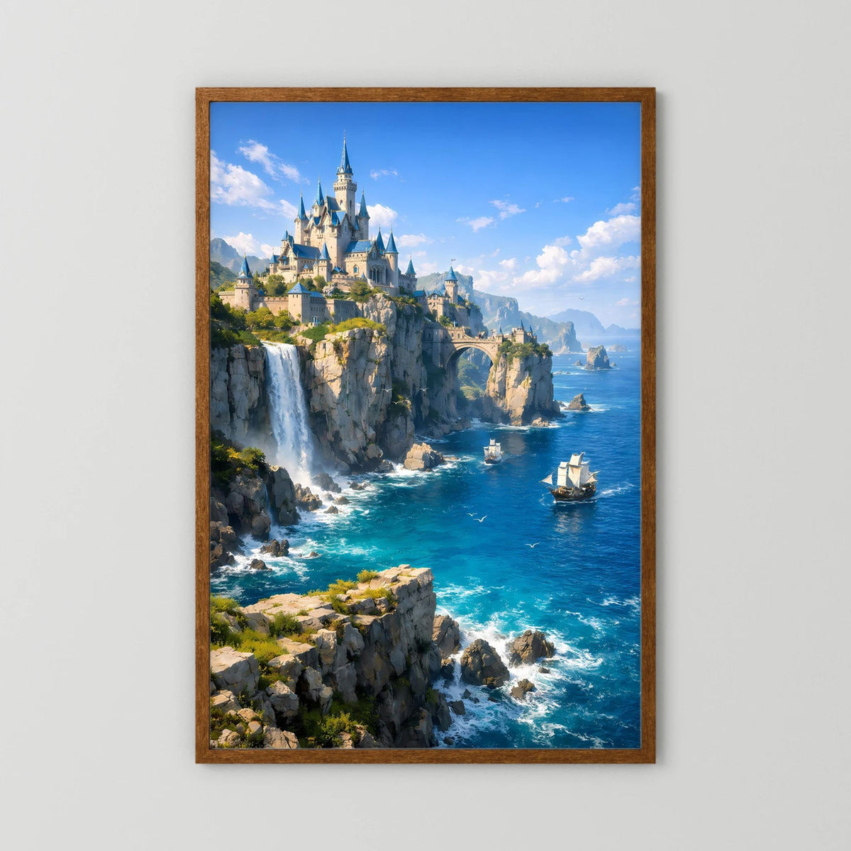 Poster im Hochformat mit braunem Holzrahmen und Schloss an felsiger Küste