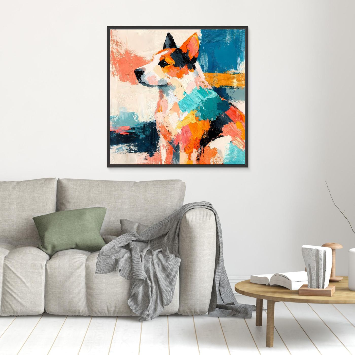 Leinwandbild mit schwarzem Rahmen: abstrakter Hund im Pop-Art-Stil, farbiges Artwork
