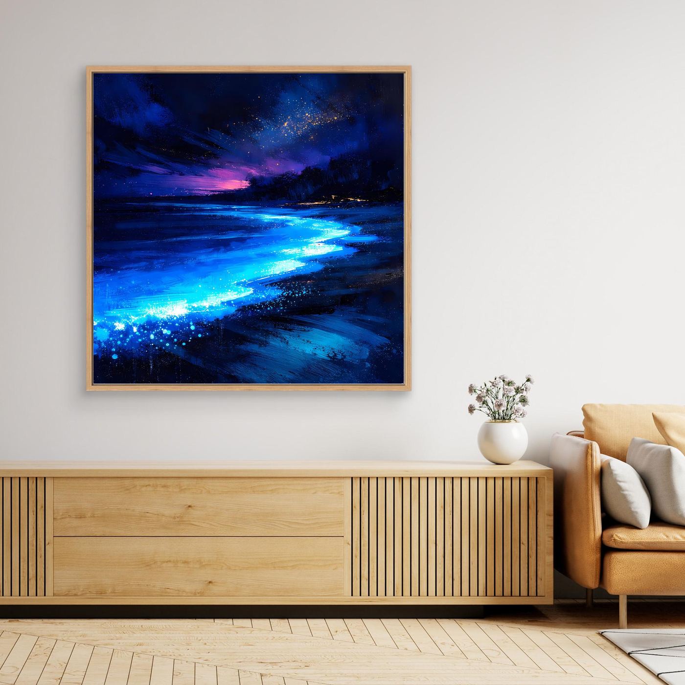 Leinwand Biolumineszierender Strand bei Nacht | Magische Wandkunst auf echter Leinwand