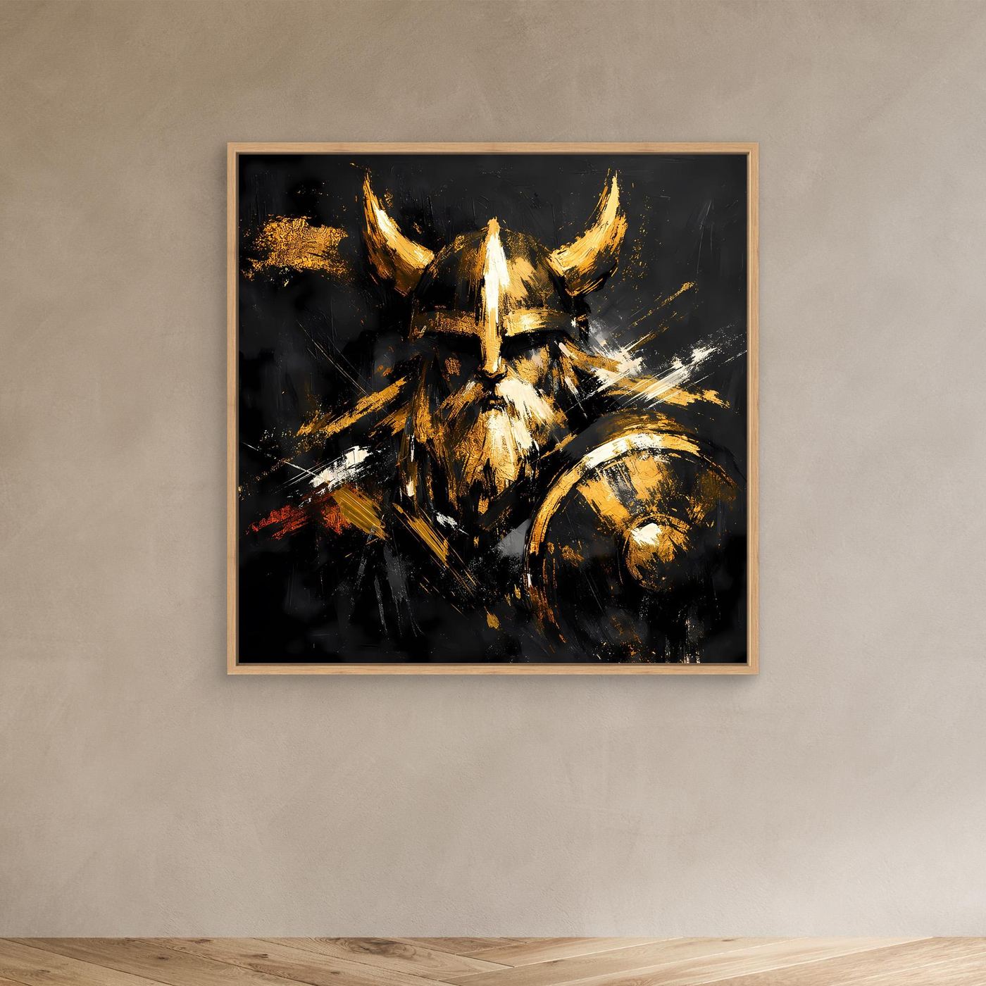 Leinwand Goldener Wikinger mit Schild | Abstraktes Nordmann Wandbild Modern