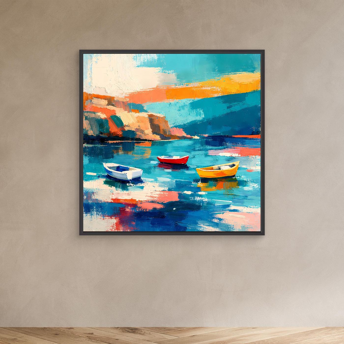 Abstraktes Leinwandbild mit Hafen und drei Booten, im schwarzen Rahmen
