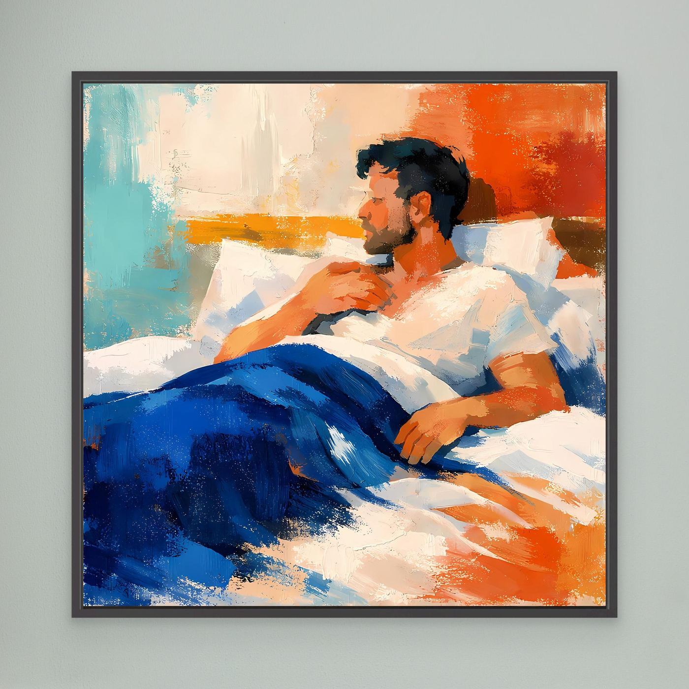 Wandbild mit abstraktem Mann im Bett, schwarzer Rahmen, Blau- und Orangetöne