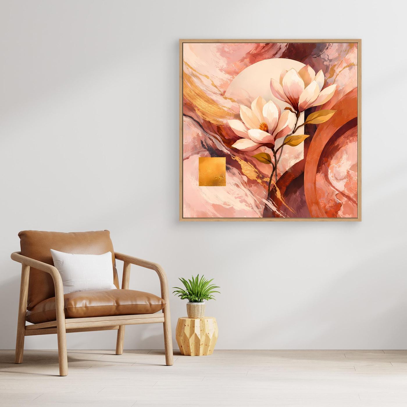 Leinwandbild mit Magnolien in Rosé- und Goldtönen, goldfarbener Rahmen