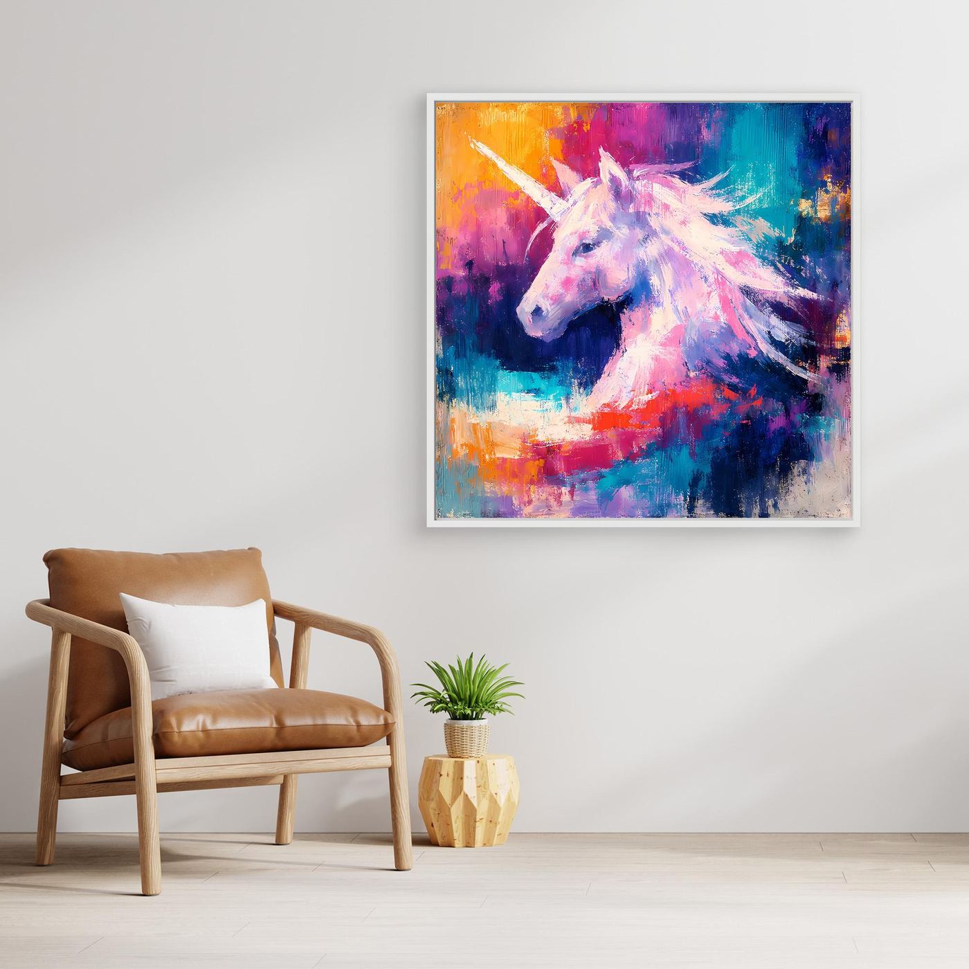 Leinwand Elegantes Einhorn im Farbenmeer | Abstraktes Fantasy & Pastell Wandbild
