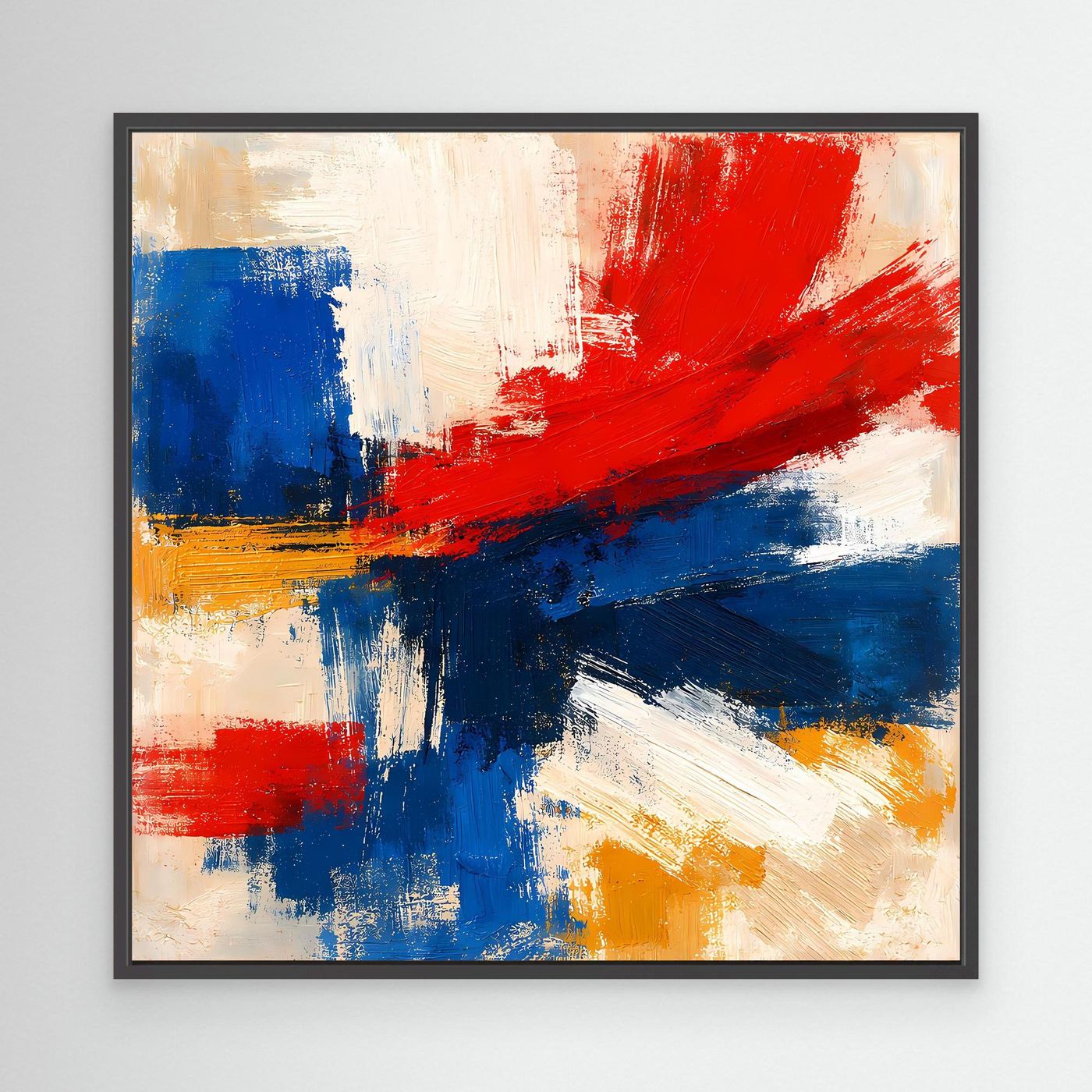 Framed abstract canvas wall art with red, blue, and yellow brushstrokes; black frame