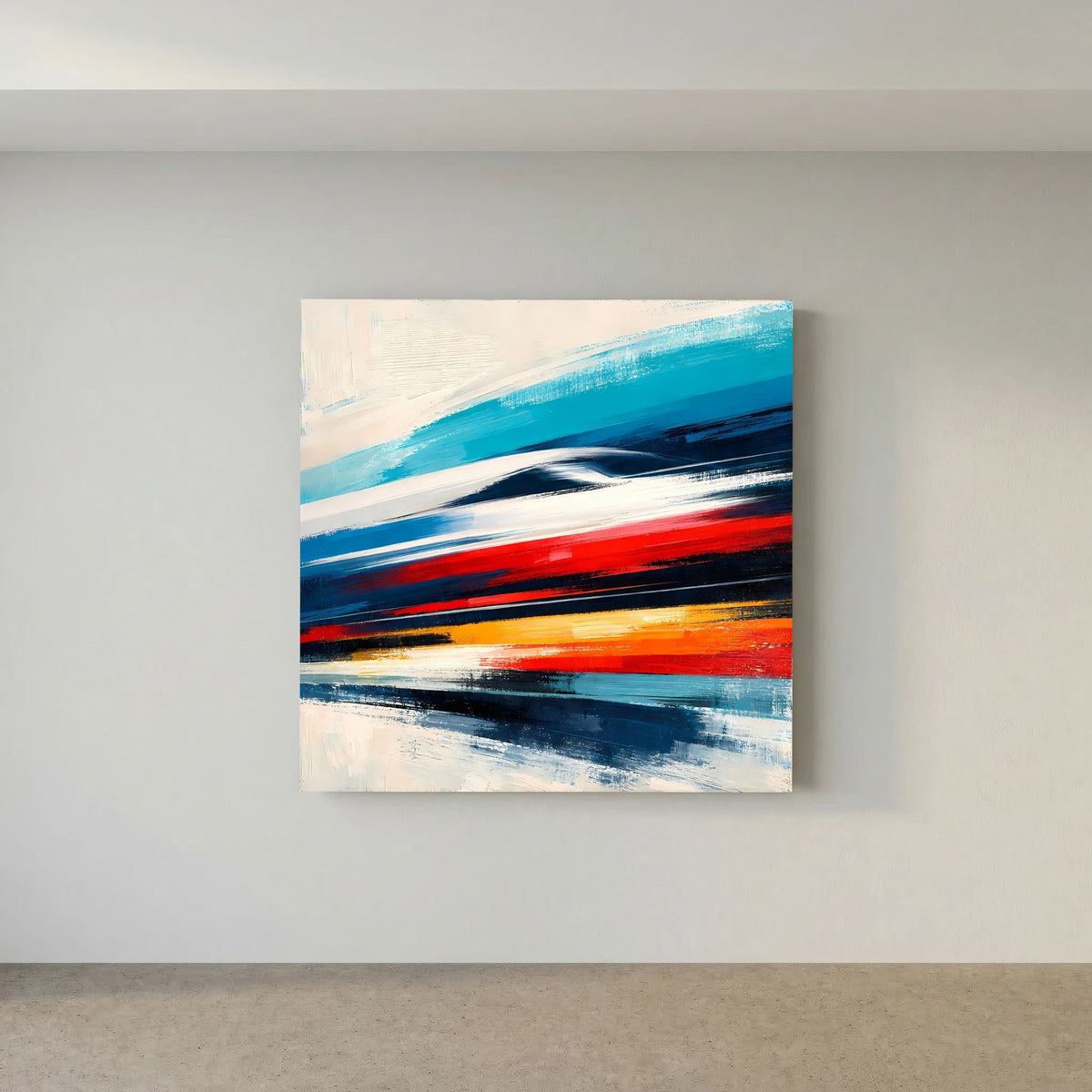 Abstraktes Leinwandbild: horizontale Pinselstriche in Blau, Rot und Orange auf heller Fläche