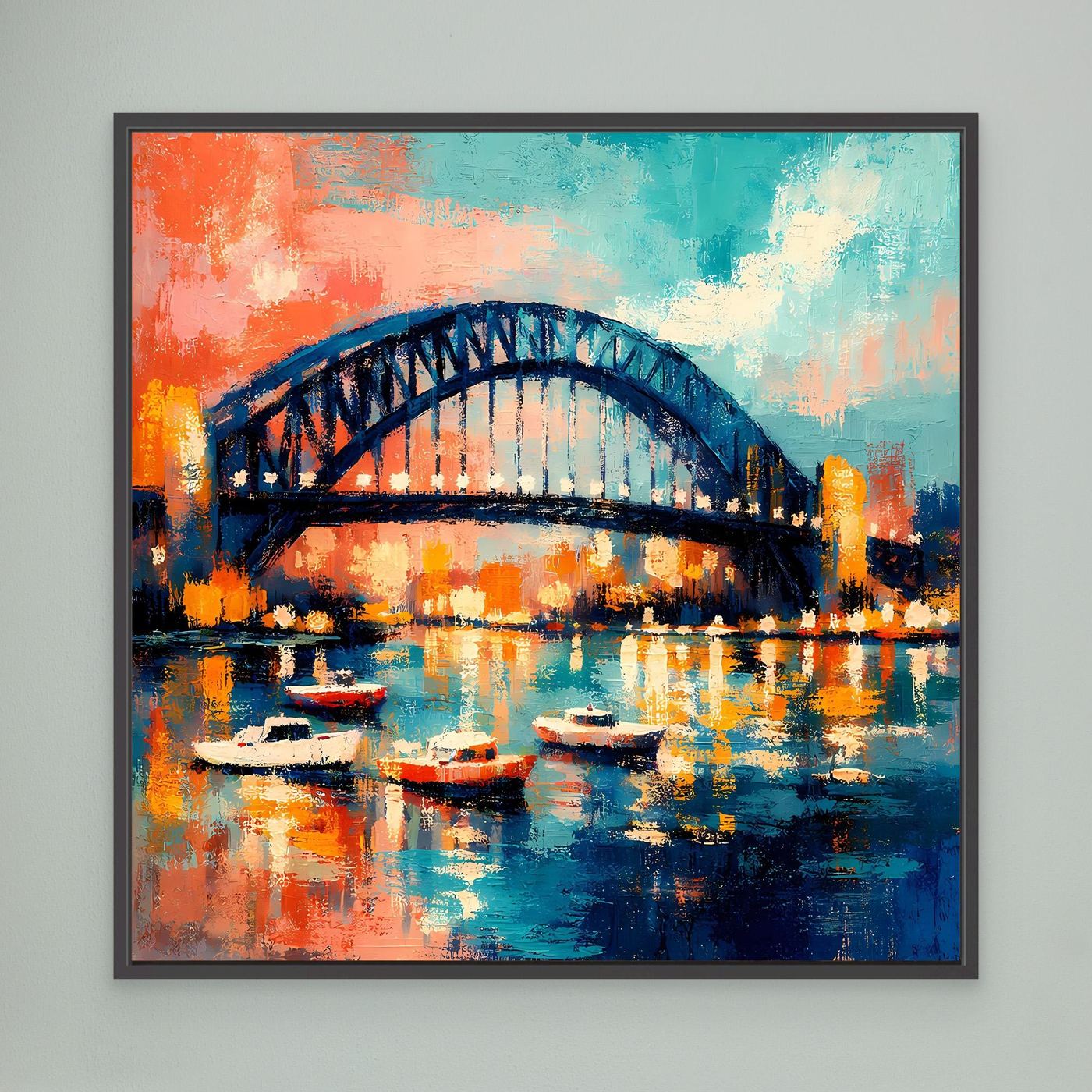 Leinwandbild der Sydney Harbour Bridge mit Booten, abstrakt, mit schwarzem Rahmen