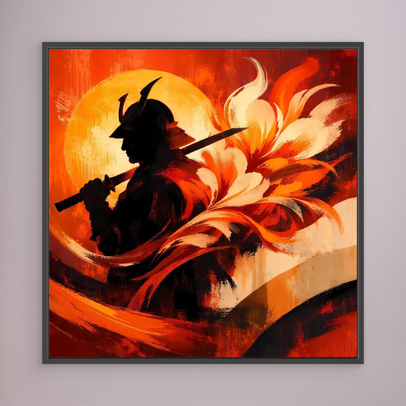 Gerahmtes Wandbild mit schwarzer Krieger-Silhouette und gelb-orangen Flammenbögen