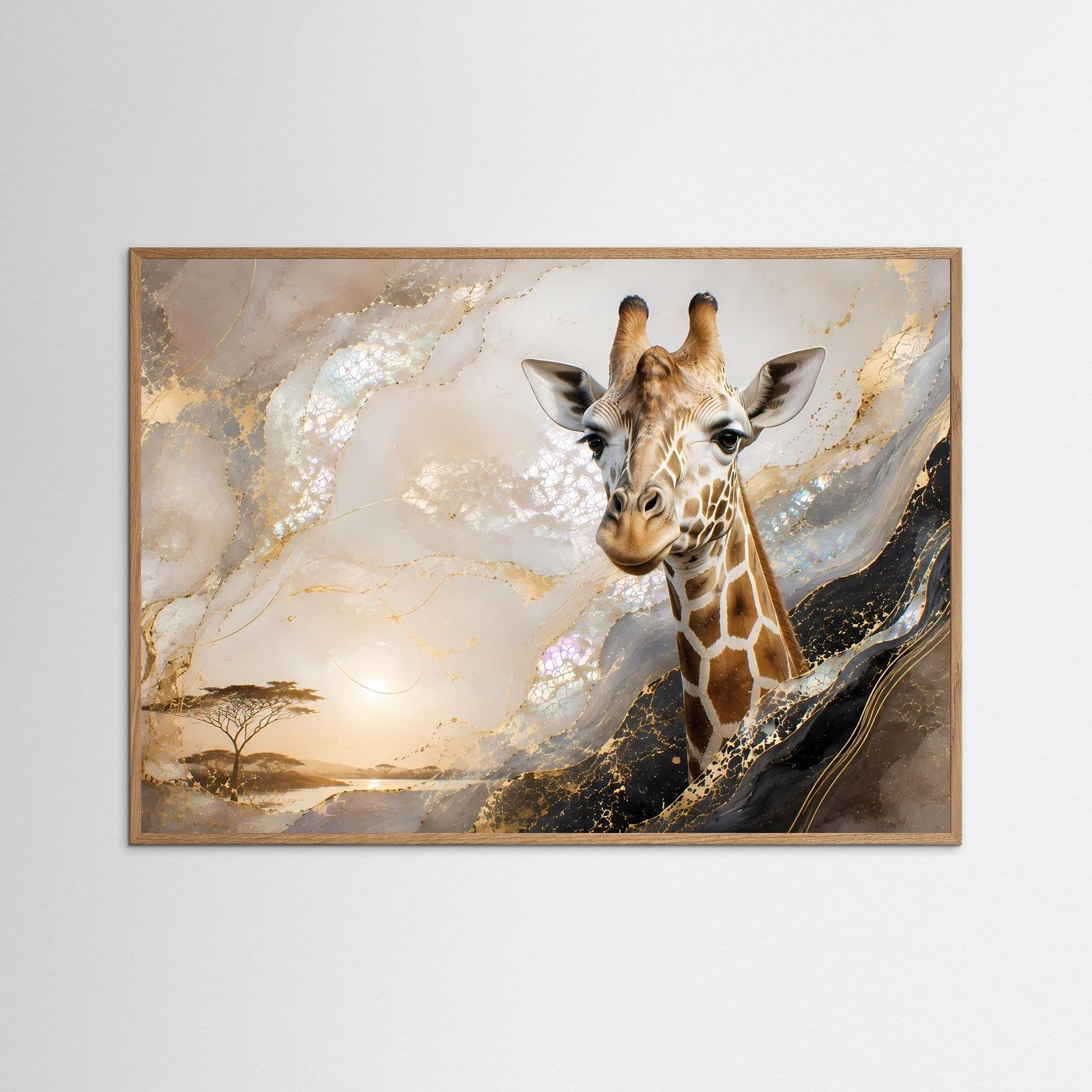 Abstrakte Safari-Wandkunst mit Giraffenmotiv, ockerfarbener Holzrahmen, Gold-Perlmutt-Töne