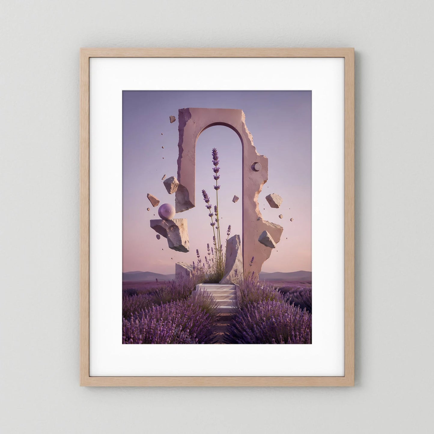 Hochformat-Poster mit violettem Lavendelfeld, Treppenweg und Portal, heller Holzrahmen mit Rand