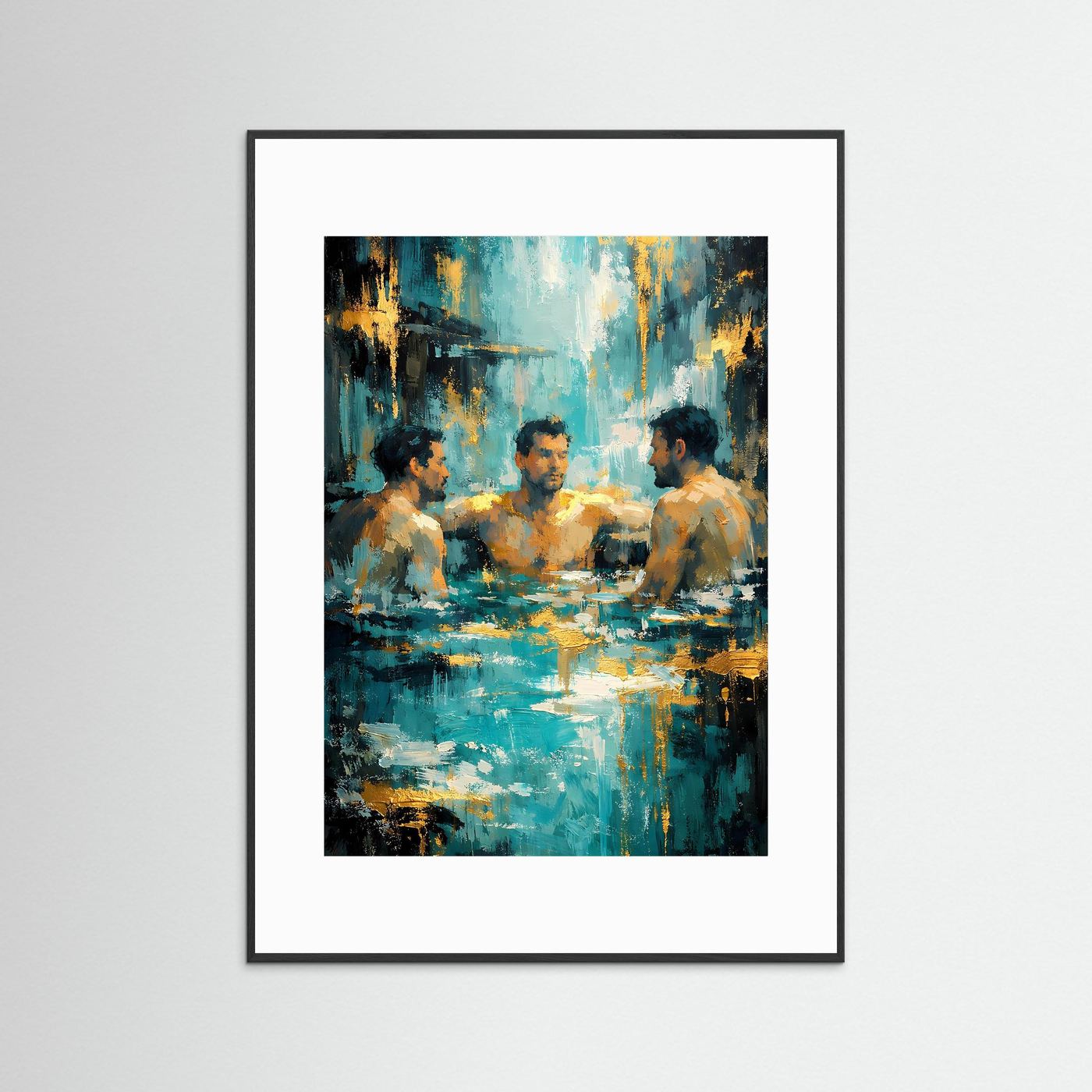 Figuren-Poster im schwarzen Rahmen mit weißem Passepartout, Türkis- und Goldszene