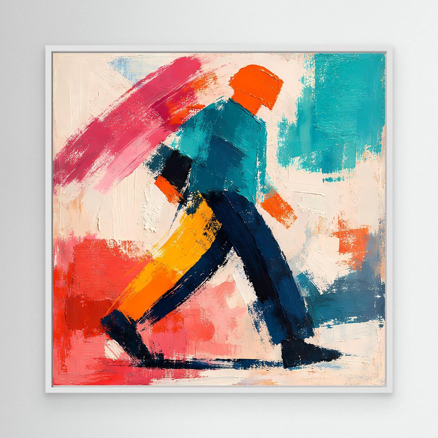 Abstract pop art wall painting with colorful strolling figure in red, teal, blue and yellow