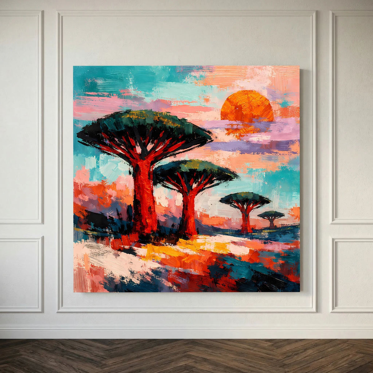 Abstraktes Wandbild mit Savannenbäumen und orangefarbener Sonne, weiß eingefasst