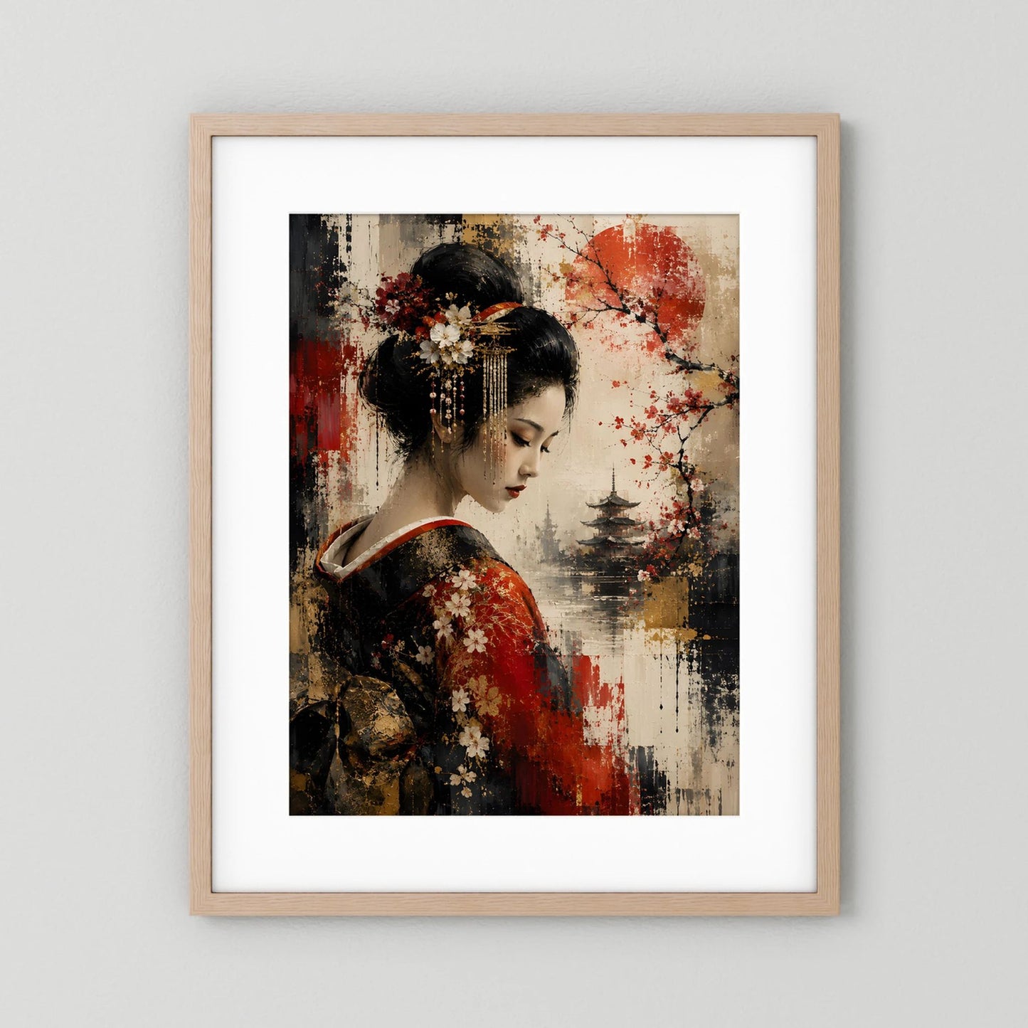Kunstposter im Hochformat: Geisha mit Kirschblüten, roten Spritzern und Pagode, helles Holz mit weißer Einfassung.