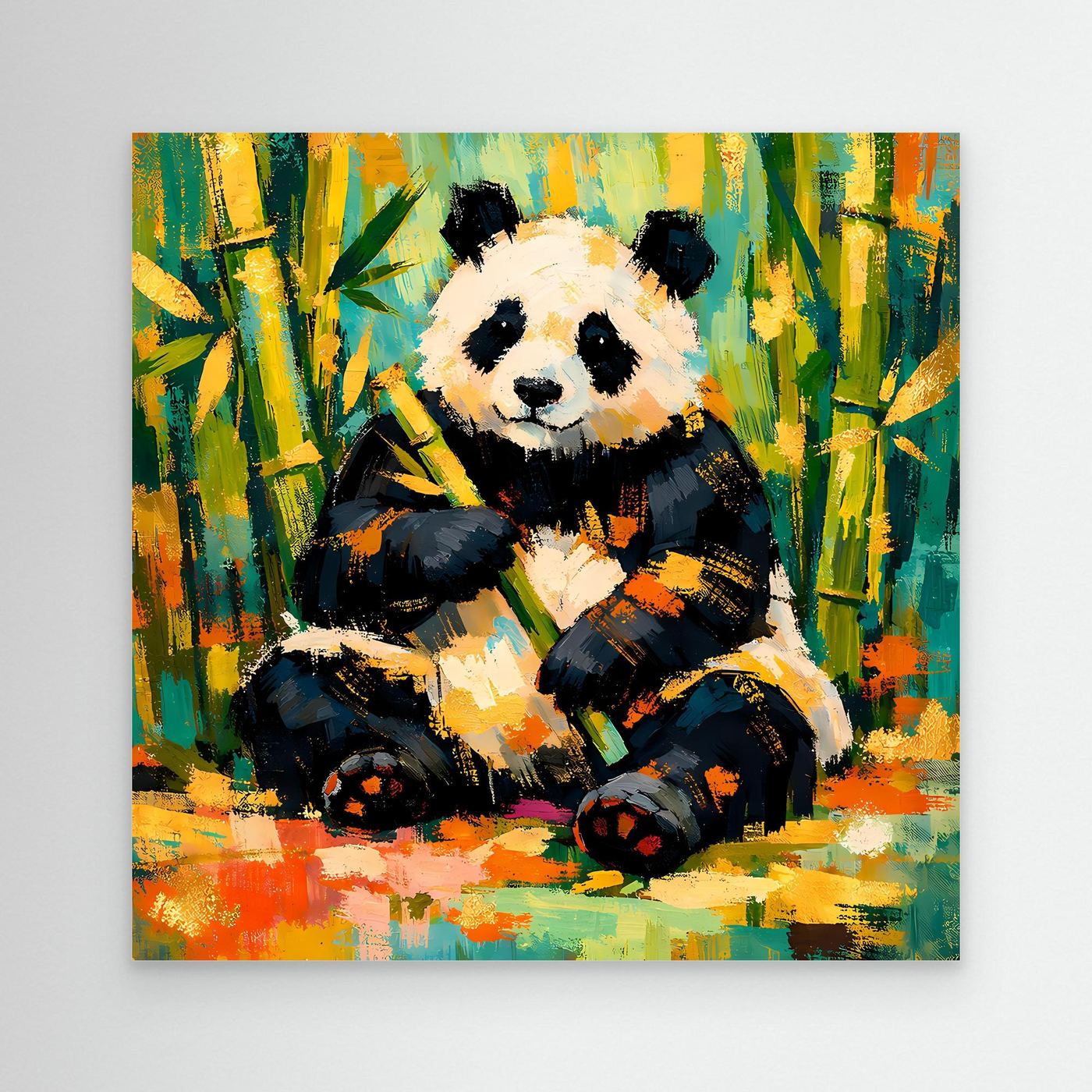 Leinwandbild mit sitzendem Panda im Bambuswald, abstrakte Farbflächen, weißer Rahmen