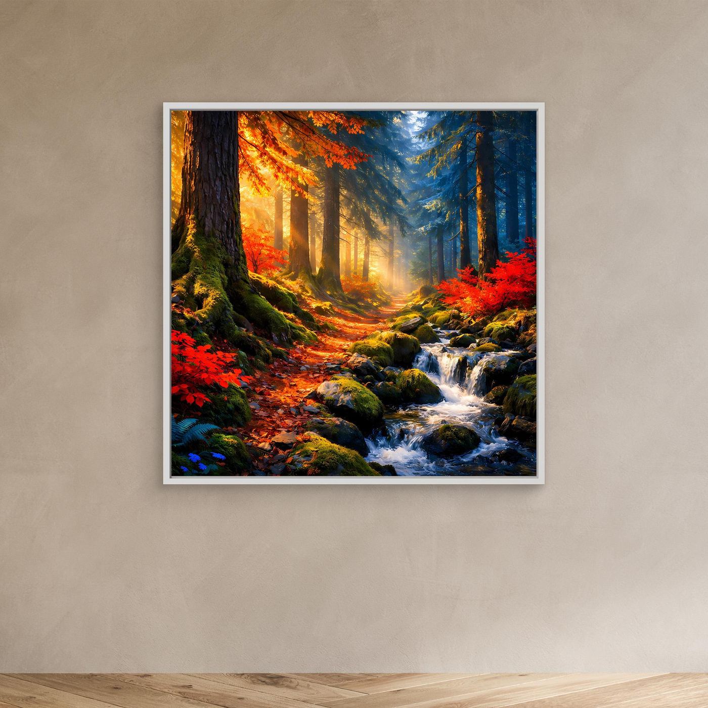 Wandbild Leinwand mit weißem Rahmen: Herbstwald mit Bachlauf und roten Laubbäumen