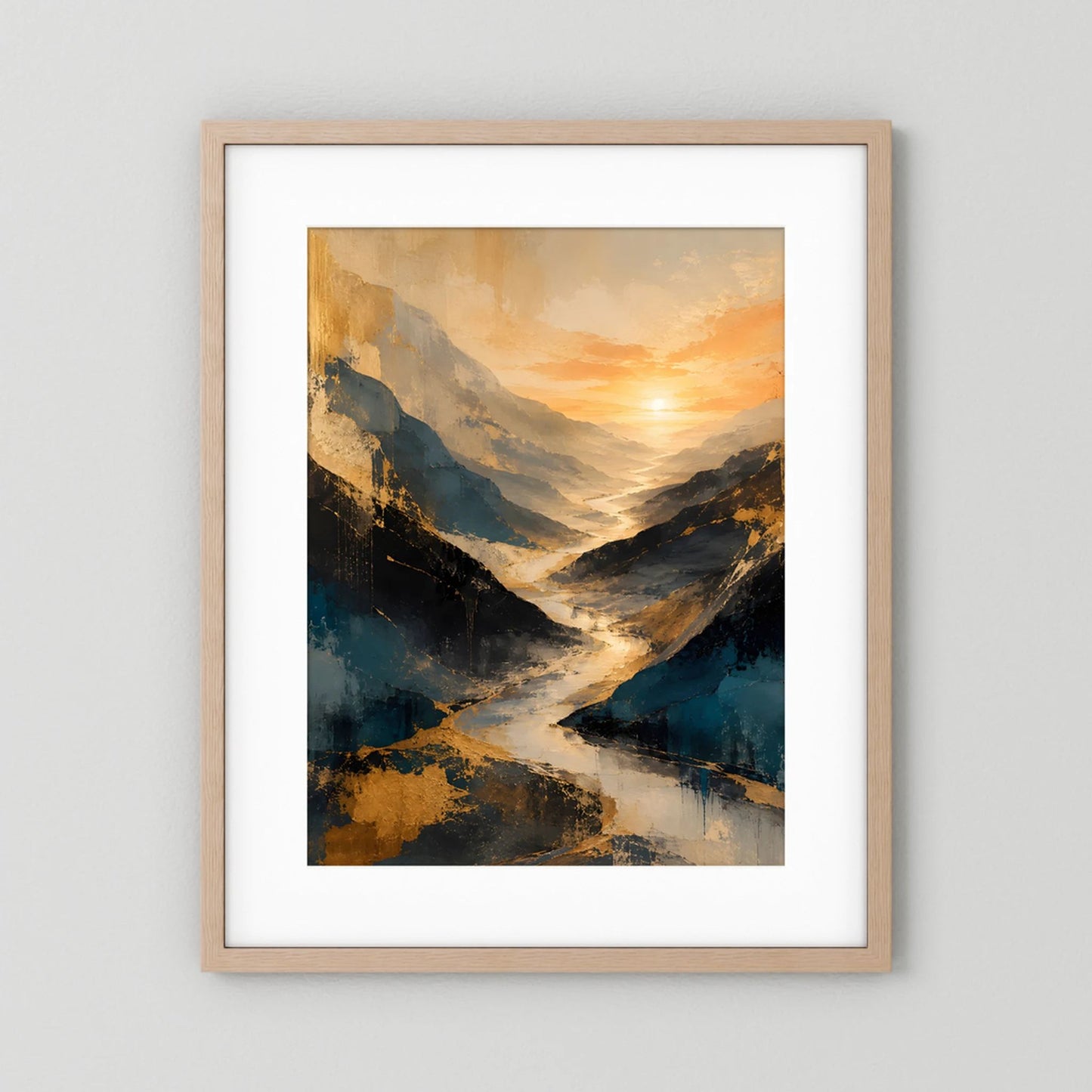 Kunstposter im Hochformat mit abstraktem Bergtal und Fluss, goldene Sonne, blaue Farbflächen, hellbrauner Rahmen