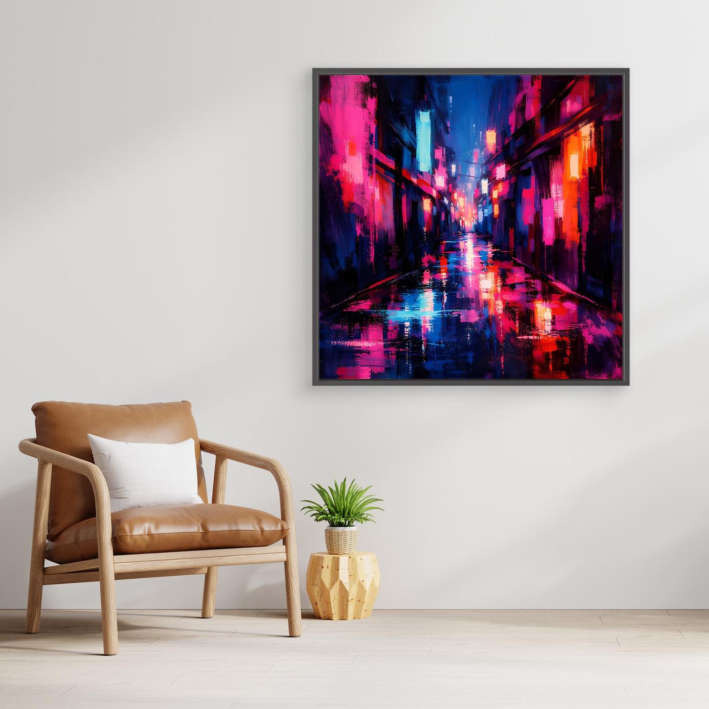Leinwand Cyberpunk Nachtgasse im Regen | Modernes Neon Wandbild