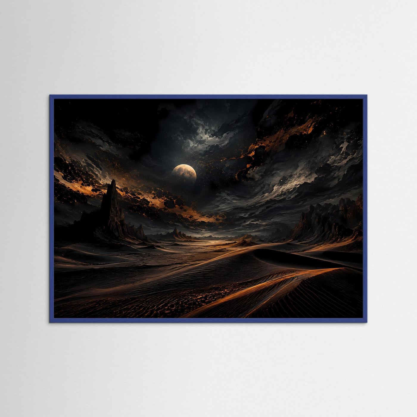 Mystische Wüste bei Nacht | Mondlandschaft Wandbild | Dunkle Dünen mit Gold Licht | Abstrakte Wüstenkunst | Premium Leinwand Poster