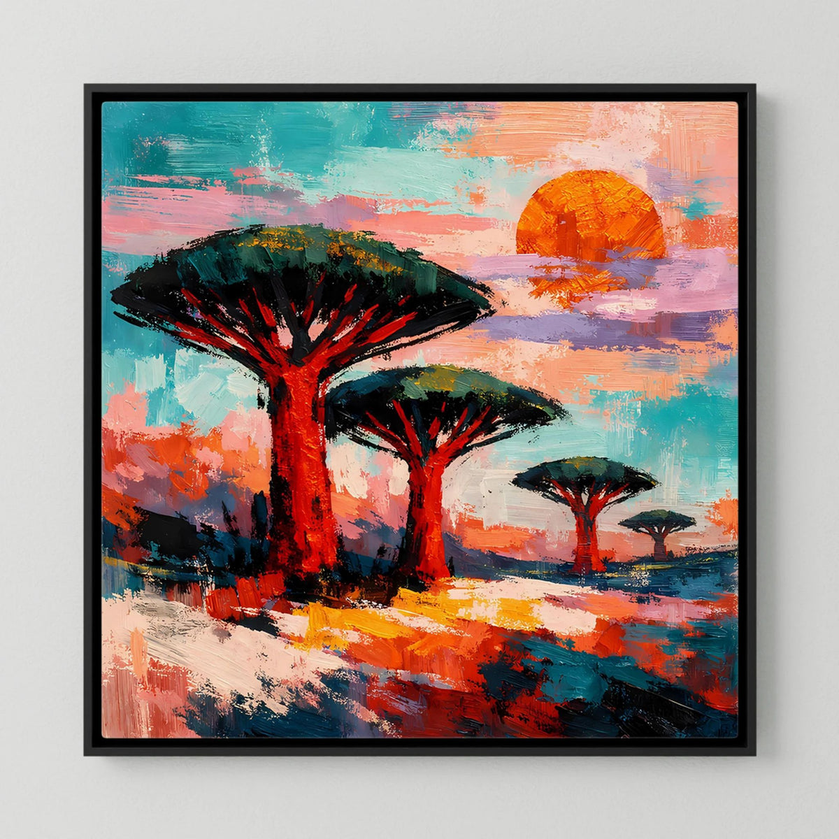 Abstraktes Wandbild mit Savannenbäumen, orangefarbene Sonne, schwarzer Rahmen