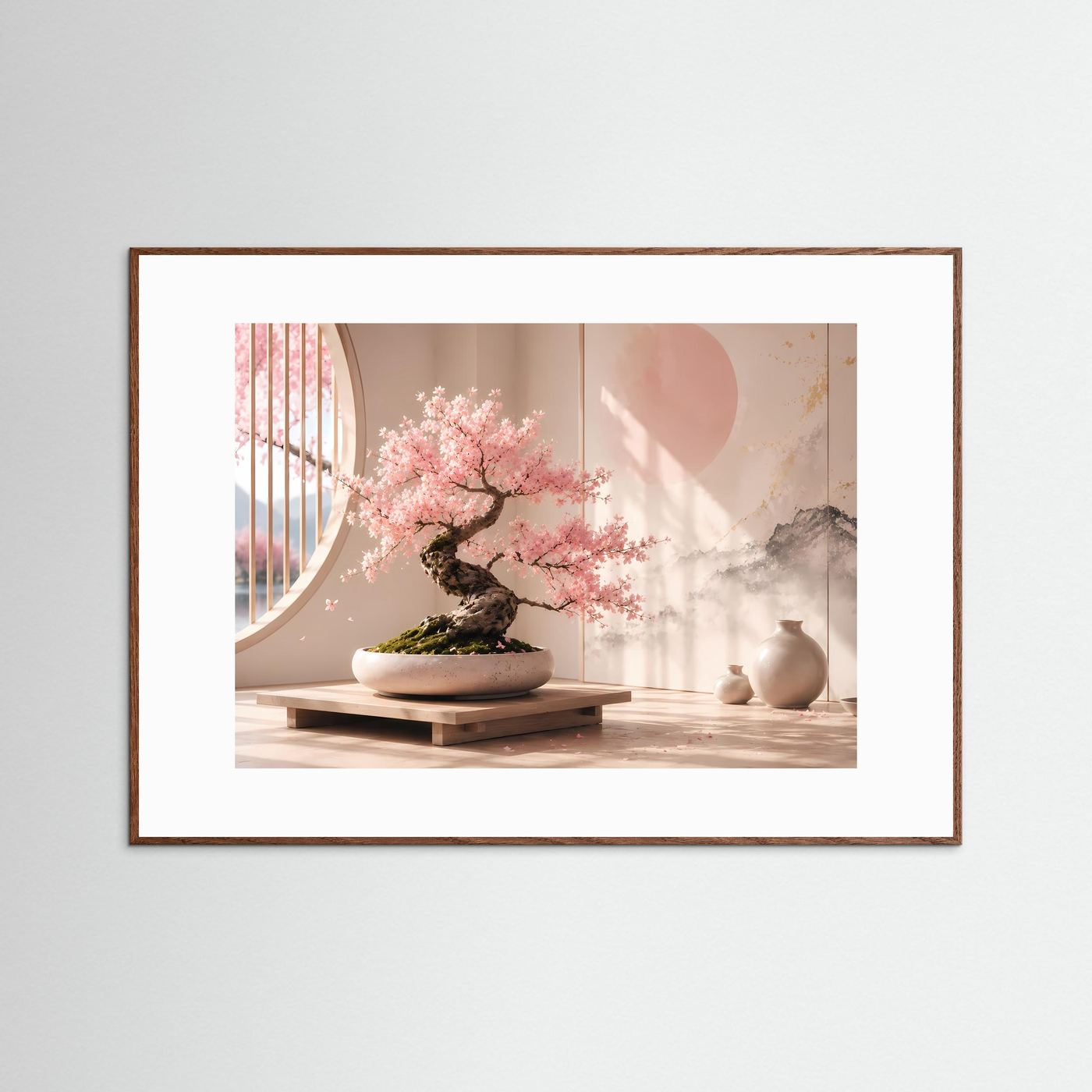 Gerahmtes Poster im Querformat mit Sakura-Bonsai und rosafarbenen Blüten im Zen-Stil.