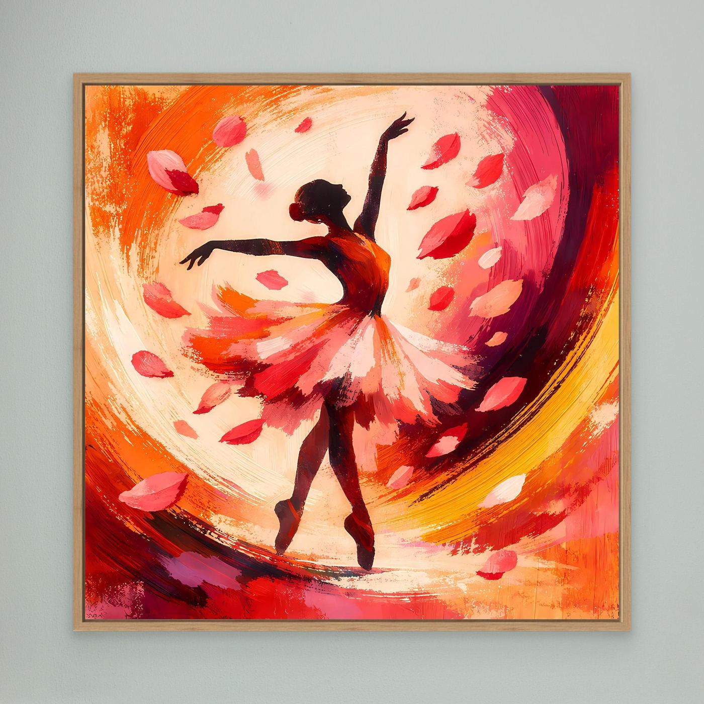 Leinwandbild mit Ballerina im Blütenregen, orange-roter Farbverlauf, Holzrahmen hell
