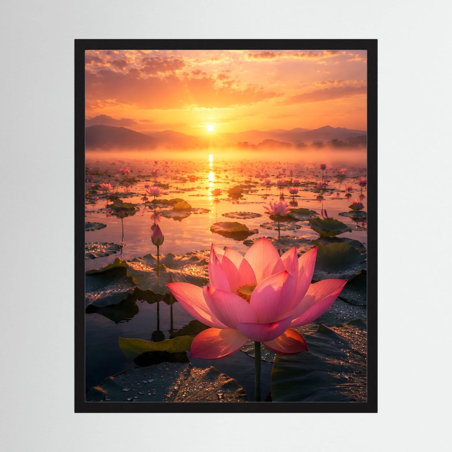 Gerahmtes Hochformat-Poster: rosa Lotusblüte bei Sonnenuntergang über Wasser
