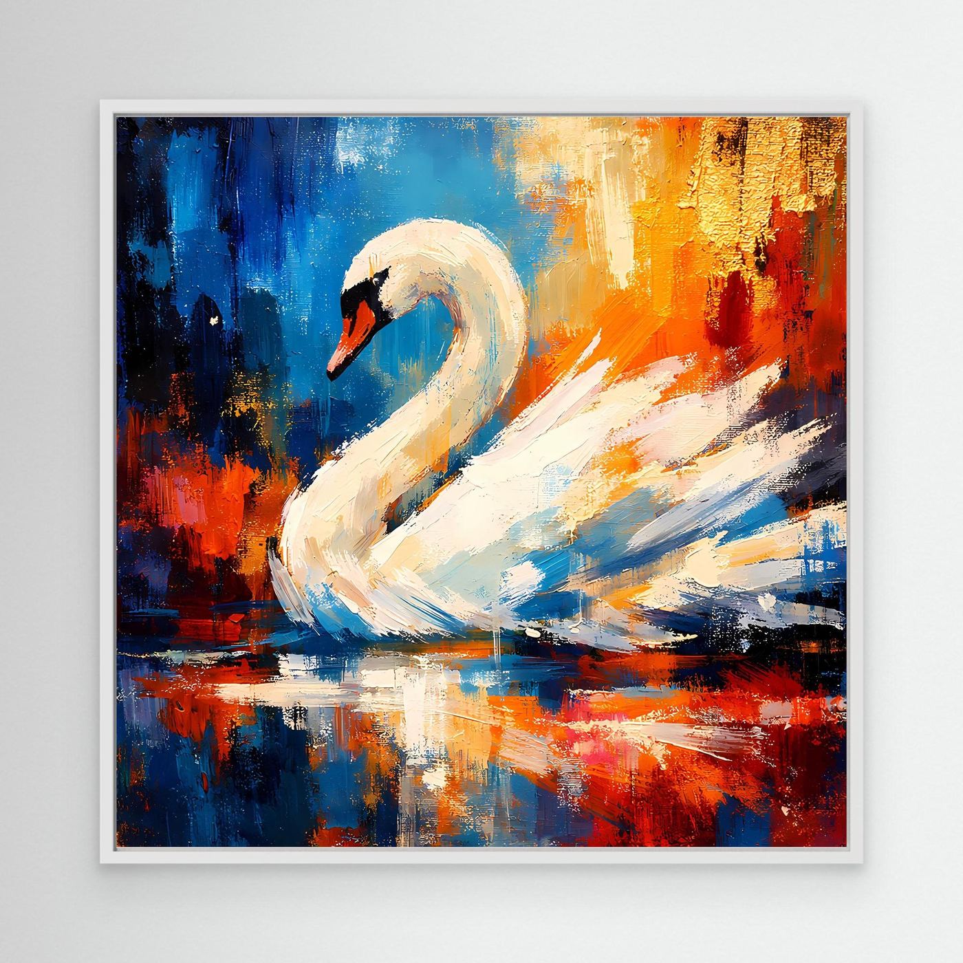 Leinwandbild mit weißem Schwan, abstrakte Pinselstriche, weißer Rahmen