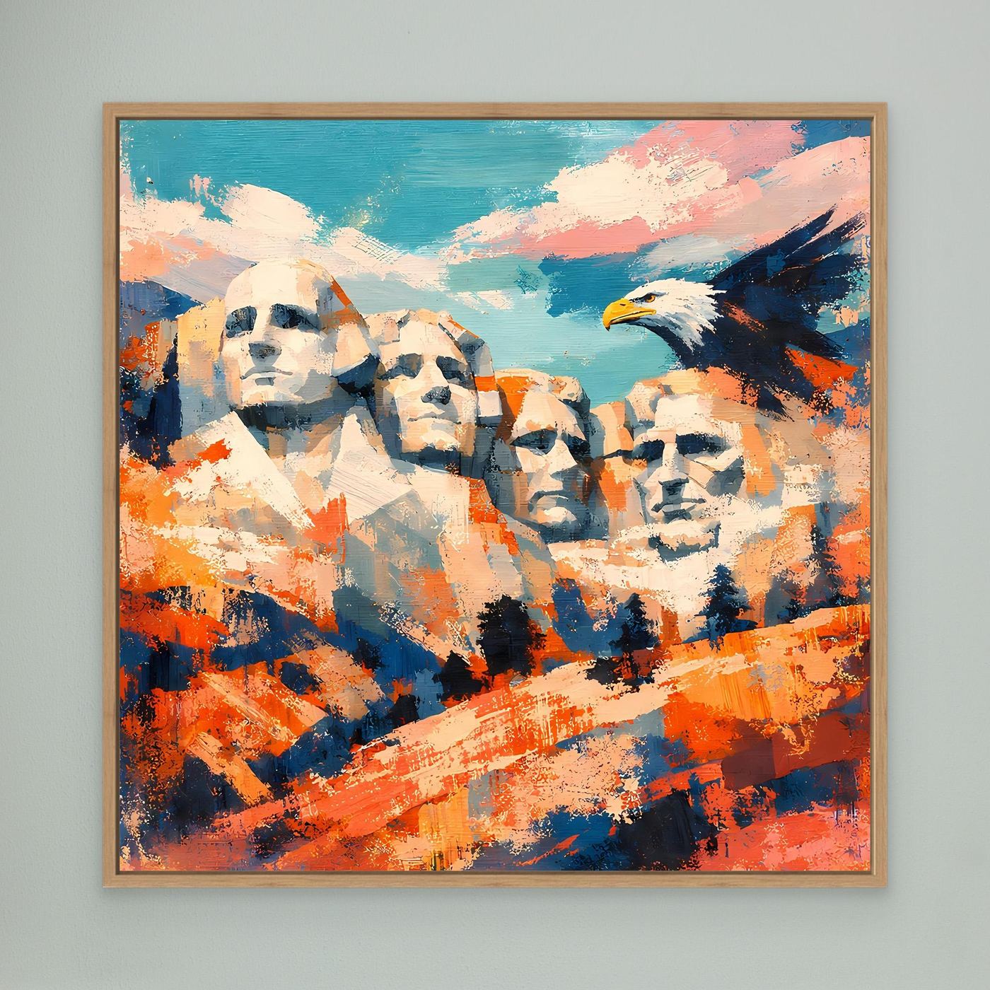 Abstraktes Leinwand-Wandbild mit Eichenrahmen: Adler über stilisierten Berggesichtern, orange-blau