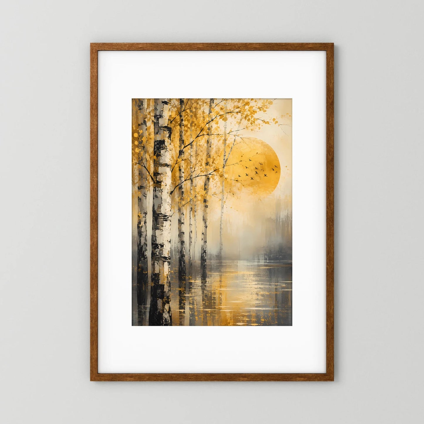 Poster mit abstrakter Herbstlandschaft, goldener Sonne, Birken und Vögeln im braunen Rahmen