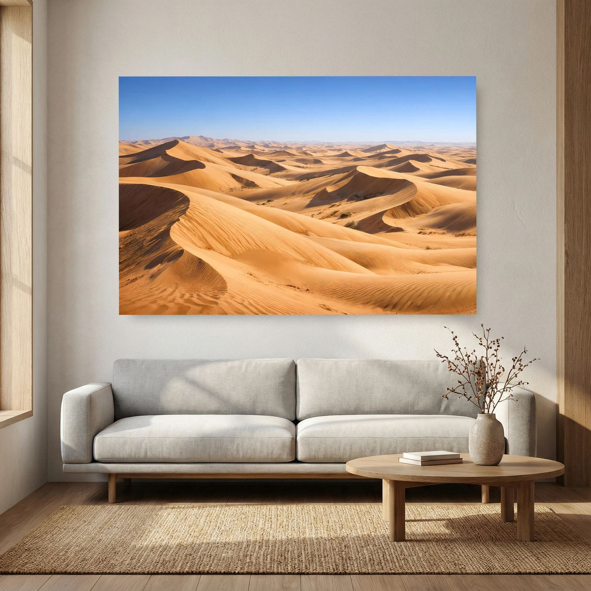 Wüstenlandschafts-Poster mit goldenen Sanddünen im Querformat, im Wohnraum
