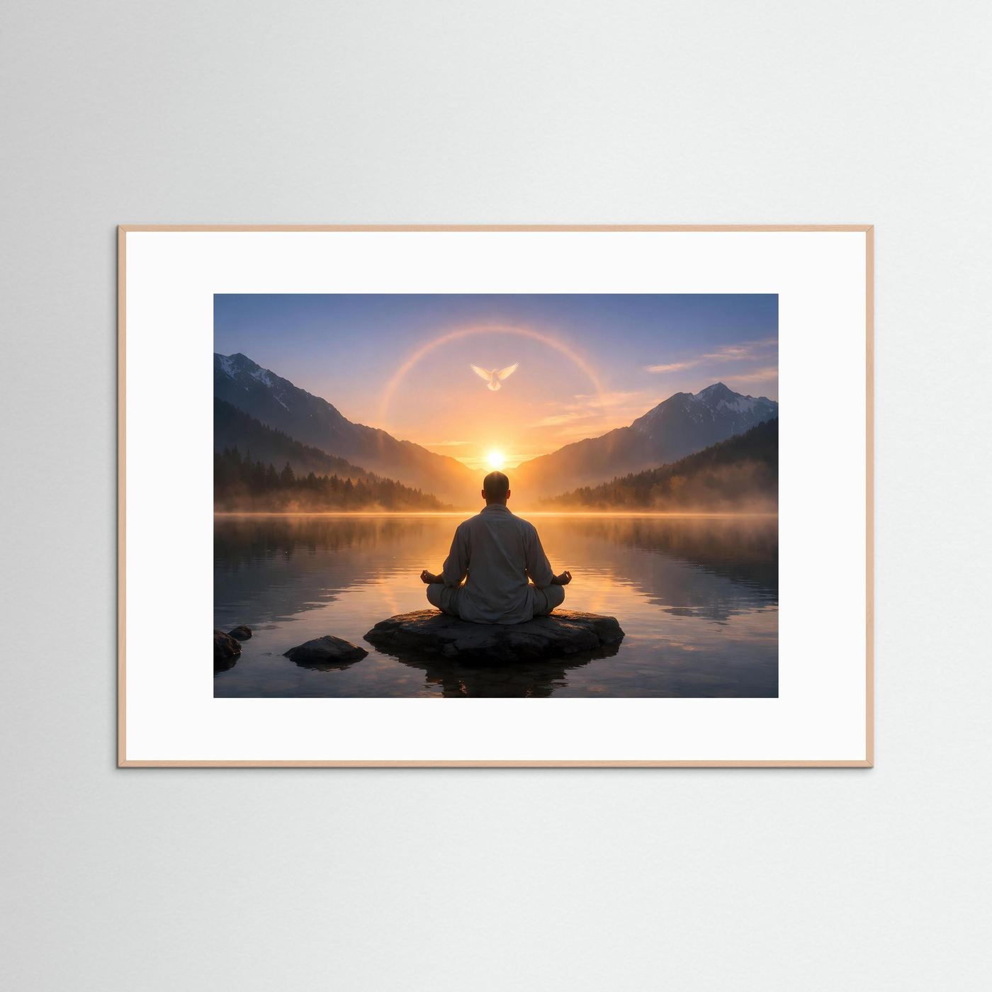 Meditationsposter mit Person im Schneidersitz am See, Sonnenaufgang und Lichtbogen, naturfarbener Holzrahmen