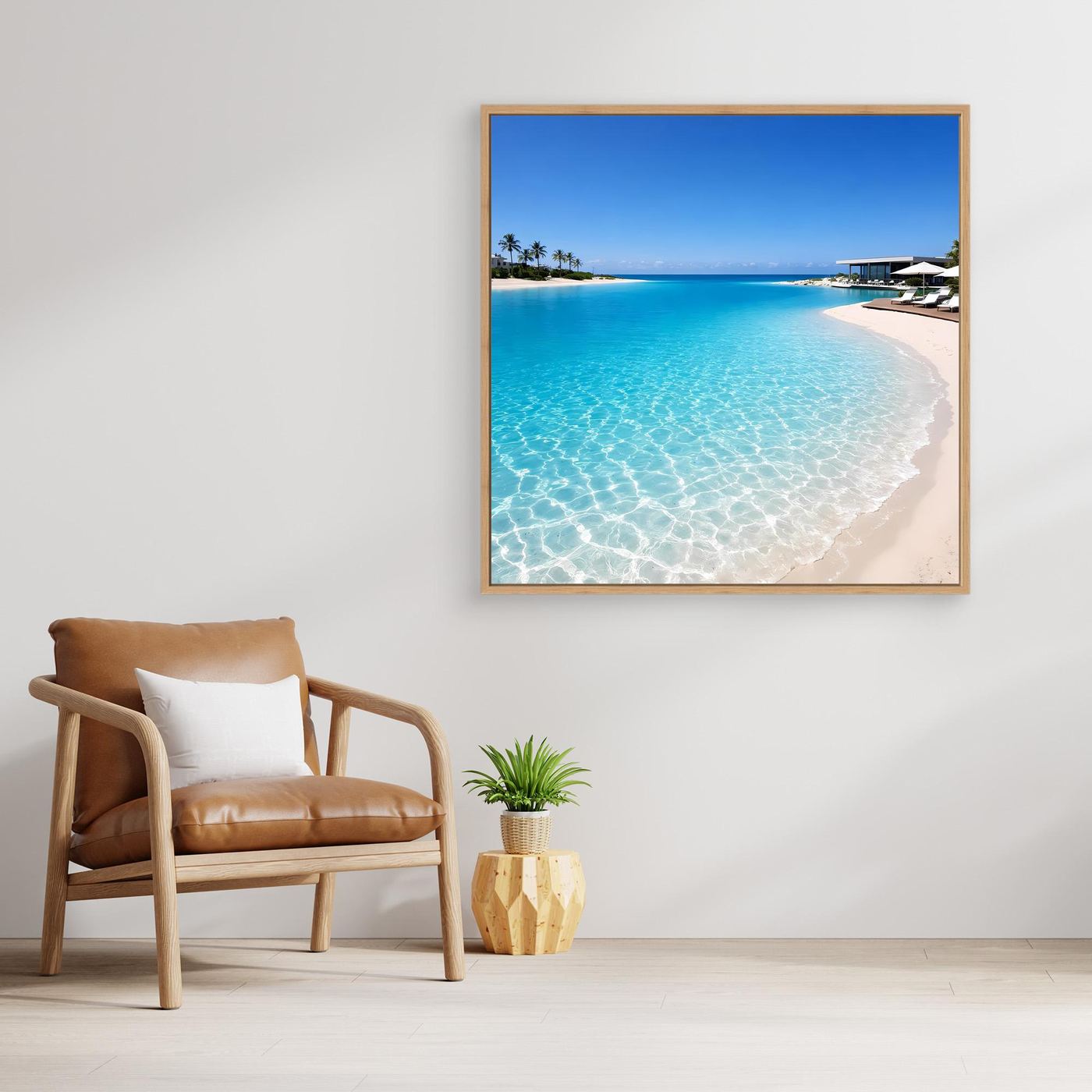 Leinwandbild Tropische Lagune mit Holzrahmen: türkisblaues Wasser, Strand und Steg
