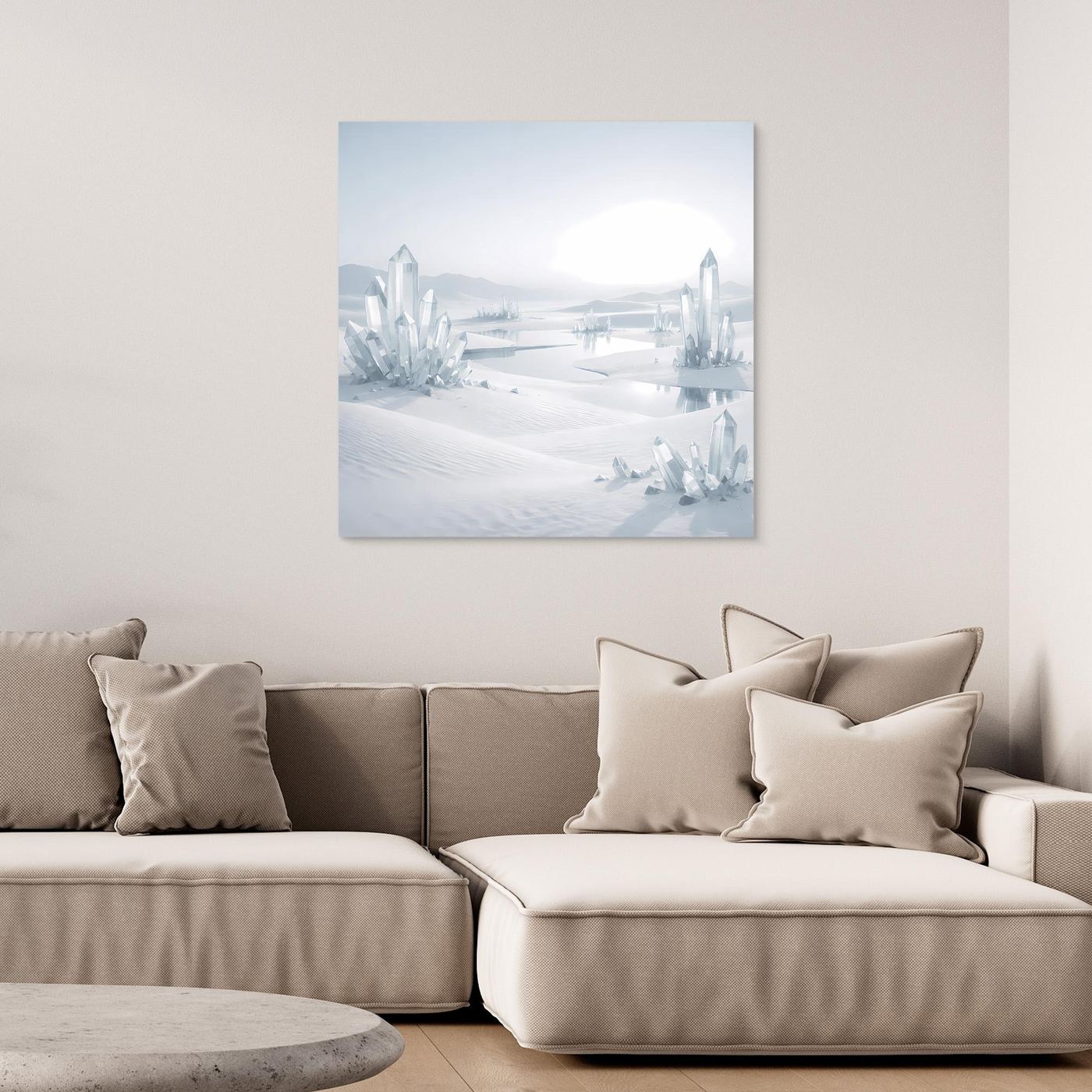 Leinwandbild mit kristalliger Winterlandschaft in Weiß und Hellblau