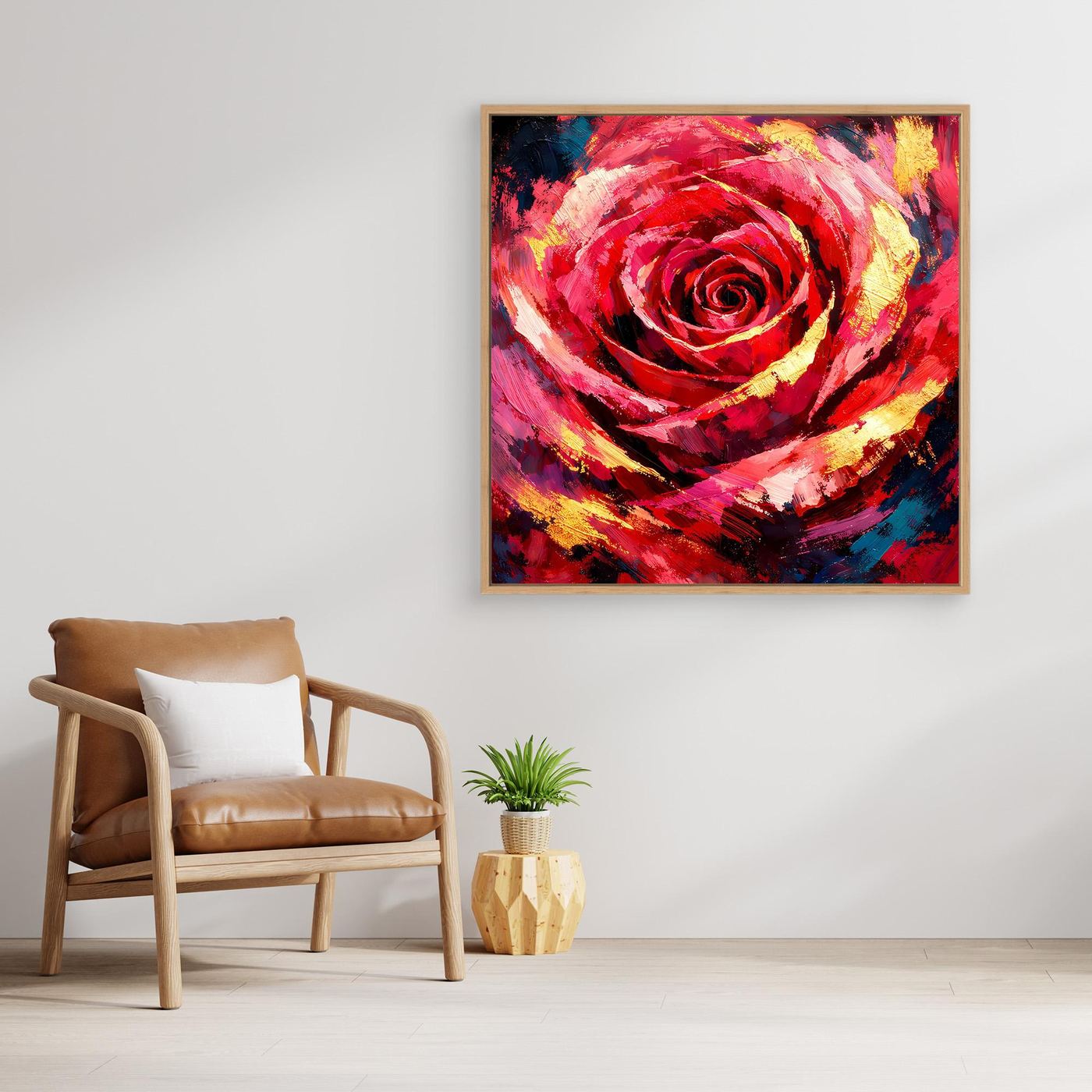 Gerahmtes Leinwandbild: rote abstrakte Rose mit gelb-blauen Farbflächen, goldener Holzrahmen.