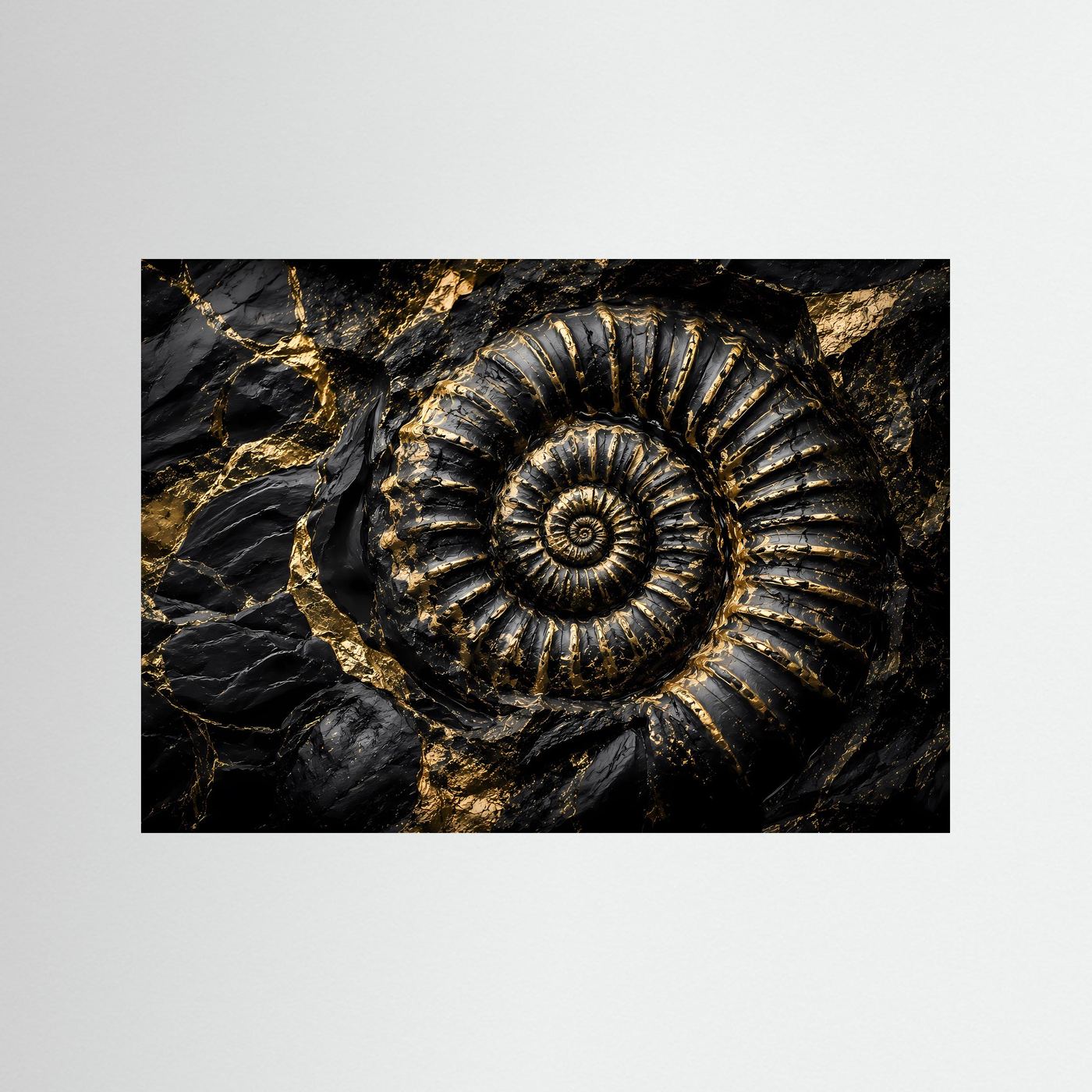 Ammonit Fossil Wandbild | Schwarz Gold Kunst | Geologie Poster | Luxus Leinwand | Prähistorische Natur Wanddeko | Moderne Wall Art