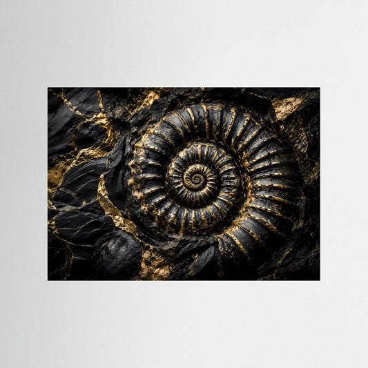 Ammonit-Fossil-Wandbild im schwarzen Rahmen: große Spirale auf dunklem Gestein mit Goldadern