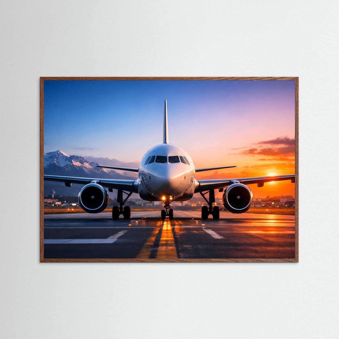 Passagierflugzeug-Poster mit braunem Rahmen, Flugzeug frontal auf der Landebahn