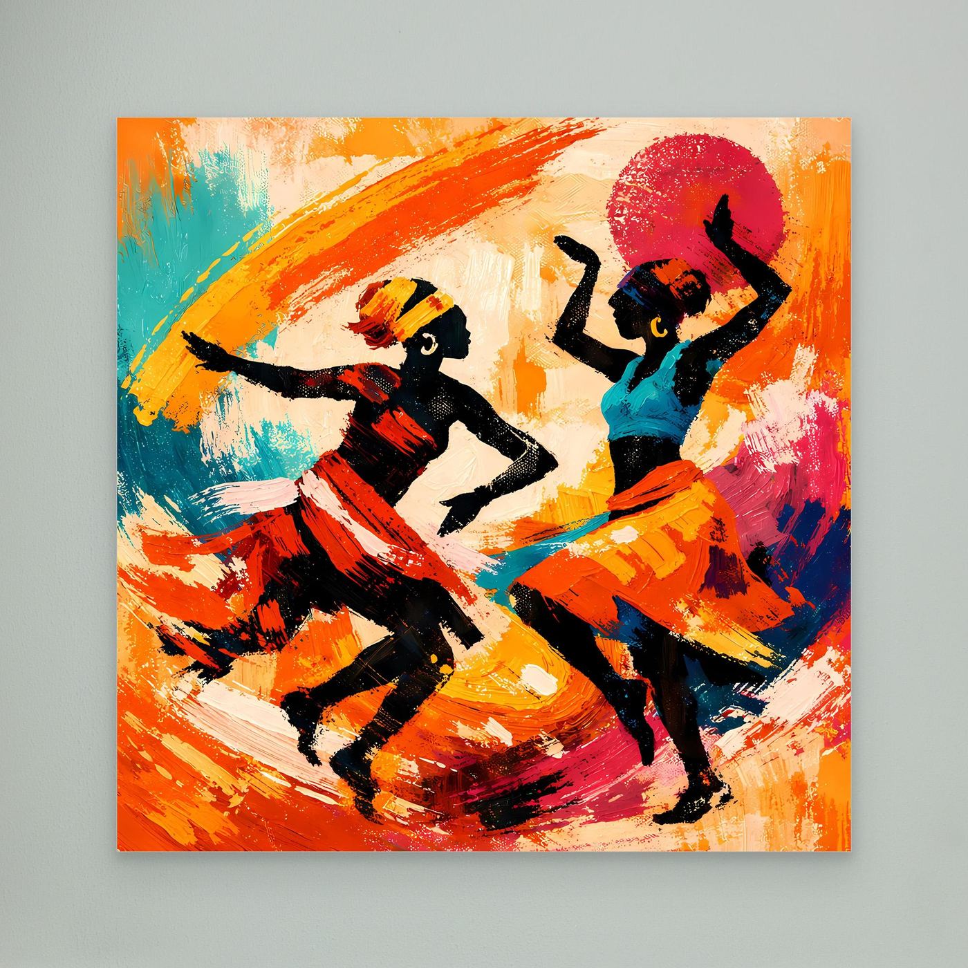 Leinwand Tanzende Afrikanerinnen im Sonnenuntergang | Abstraktes Ethno Pop Art Wandbild